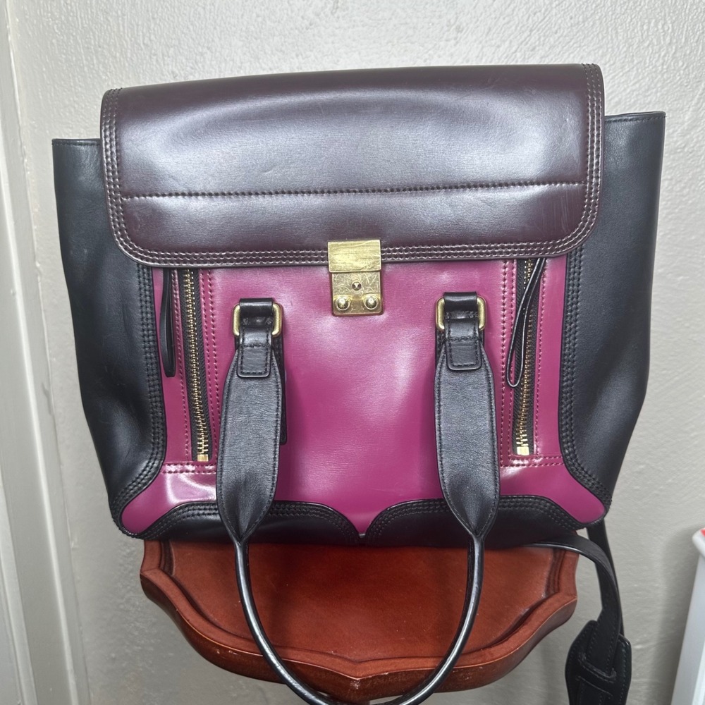 3.1 Phillip Lim Pashli Medium Satchel Bag Tricolor Black Berry Leather Gold HW